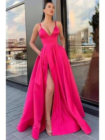 2023 Sexy V Neck Satin Evening Dresses Spaghetti Strap Side Slit Prom Dress High Waist Evening Gowns Party Dress Robe de soiree