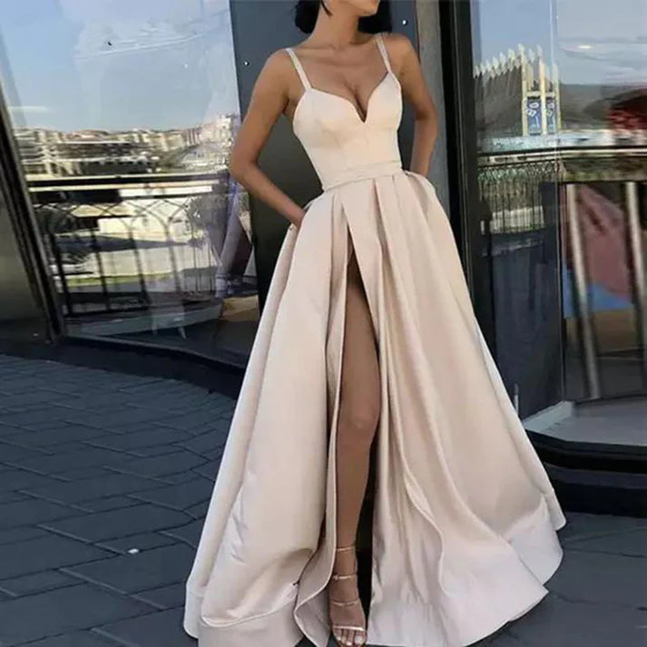 2023 Sexy V Neck Satin Evening Dresses Spaghetti Strap Side Slit Prom Dress High Waist Evening Gowns Party Dress Robe de soiree