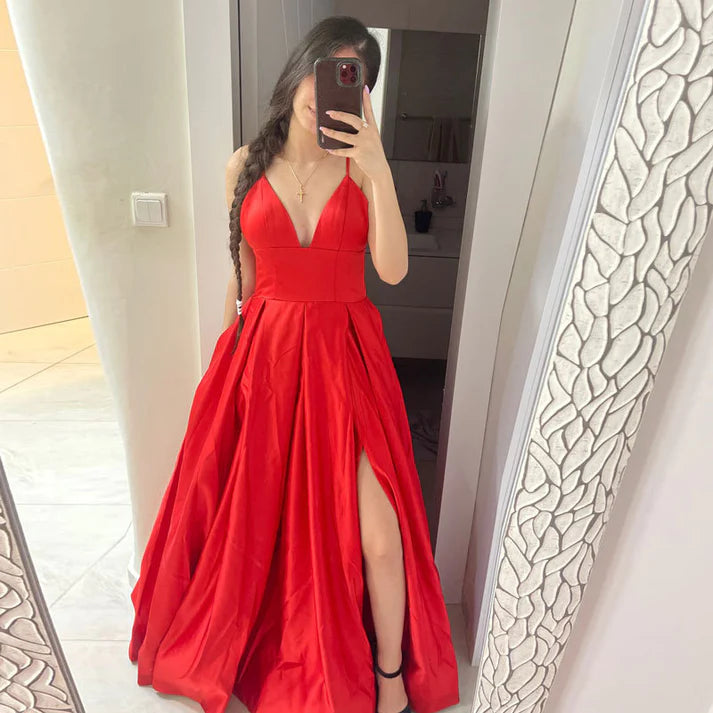 2023 Sexy V Neck Satin Evening Dresses Spaghetti Strap Side Slit Prom Dress High Waist Evening Gowns Party Dress Robe de soiree