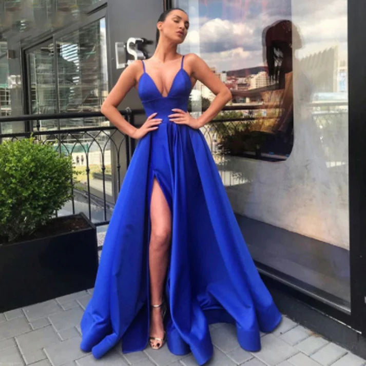 2023 Sexy V Neck Satin Evening Dresses Spaghetti Strap Side Slit Prom Dress High Waist Evening Gowns Party Dress Robe de soiree