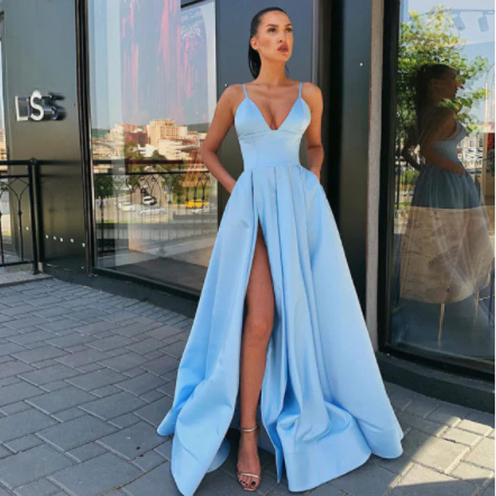 2023 Sexy V Neck Satin Evening Dresses Spaghetti Strap Side Slit Prom Dress High Waist Evening Gowns Party Dress Robe de soiree