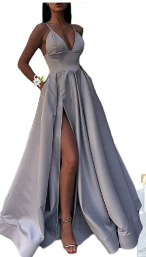 2023 Sexy V Neck Satin Evening Dresses Spaghetti Strap Side Slit Prom Dress High Waist Evening Gowns Party Dress Robe de soiree