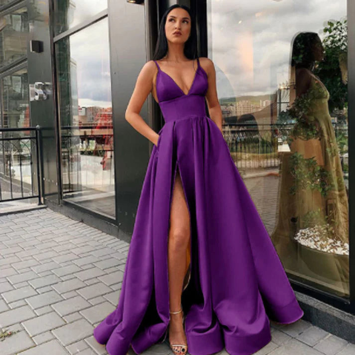 2023 Sexy V Neck Satin Evening Dresses Spaghetti Strap Side Slit Prom Dress High Waist Evening Gowns Party Dress Robe de soiree