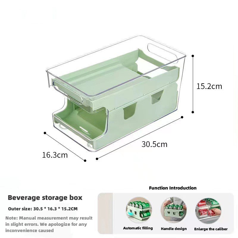 Kitchen refrigerator beverage storage box PET transparent double-layer rolling storage and organizing box easy to open can storage rack