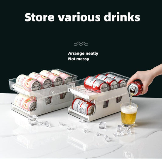 Kitchen refrigerator beverage storage box PET transparent double-layer rolling storage and organizing box easy to open can storage rack