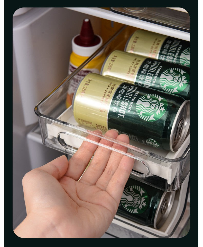 Kitchen refrigerator beverage storage box PET transparent double-layer rolling storage and organizing box easy to open can storage rack