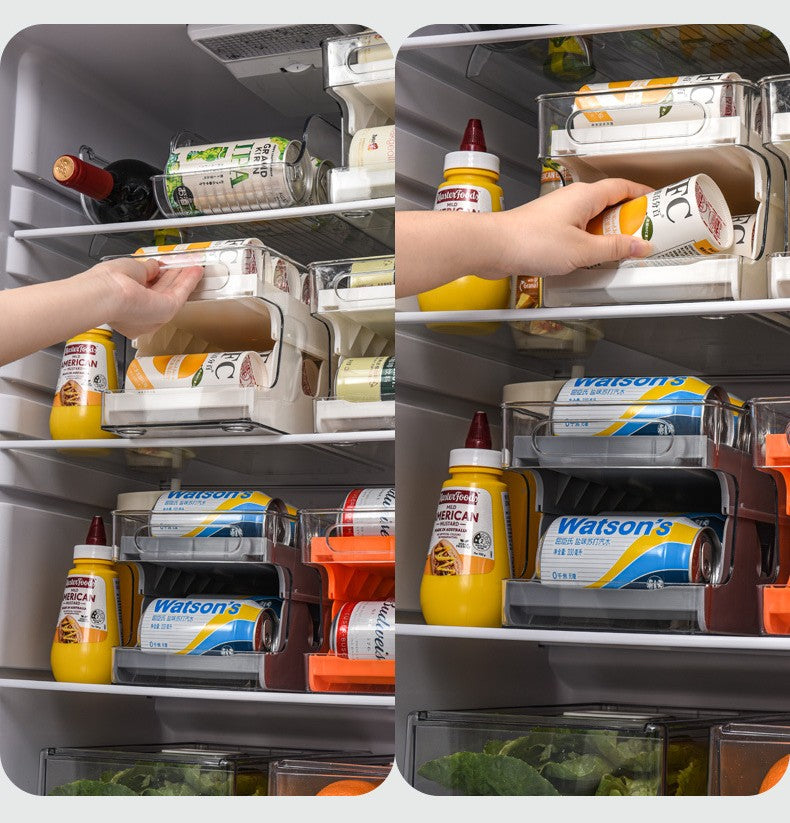 Kitchen refrigerator beverage storage box PET transparent double-layer rolling storage and organizing box easy to open can storage rack